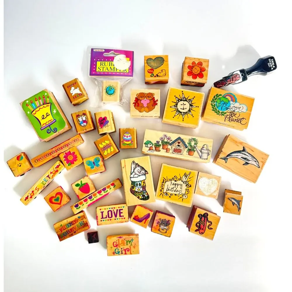 Vintage Wood Mounted Rubber Stamps Assorted Lot of 34 Animals, Flowers, Birthday